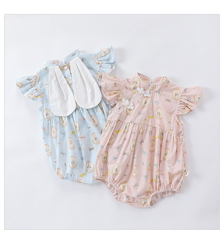 Summer Hot Selling Baby Girls Rabbits Print Fly Sleeves Stand Collar Onesies-3