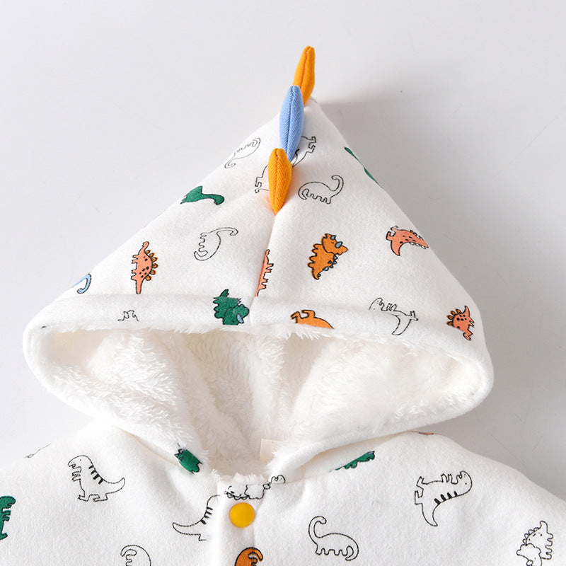 Kids Cartoon Dinosaur Print Button Front Design Shawls With Hat-1