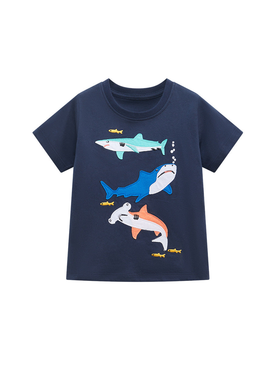 Round Neck Sharks Cartoon Boys’ T-Shirt In European And American Style For Summer-0