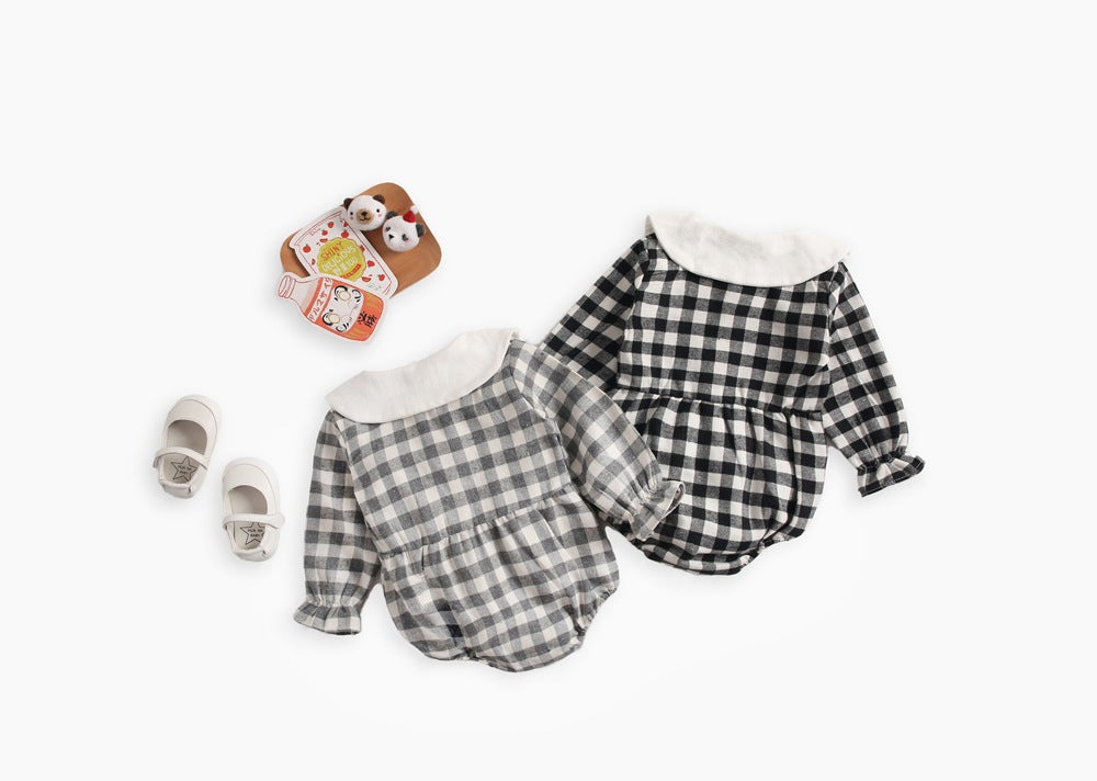 Baby Girl Plaid Pattern Doll Collar Design Long Sleeve Onesies With Buttons-1