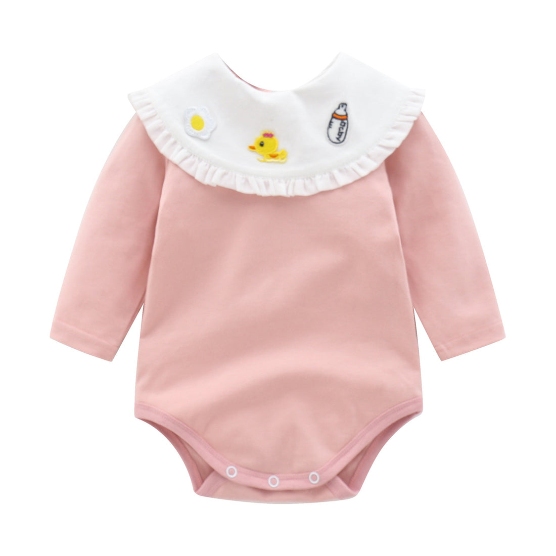 Baby Girl 1pcs Cartoon Embroidered Pattern Ruffle Neck Long Sleeved Triangle Bodysuit-1