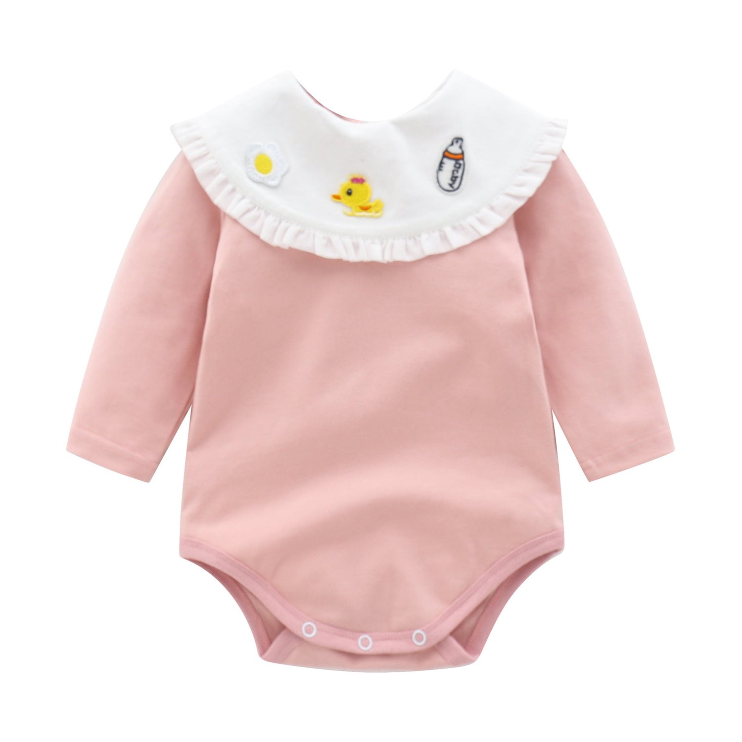 Baby Girl 1pcs Cartoon Embroidered Pattern Ruffle Neck Long Sleeved Triangle Bodysuit-1