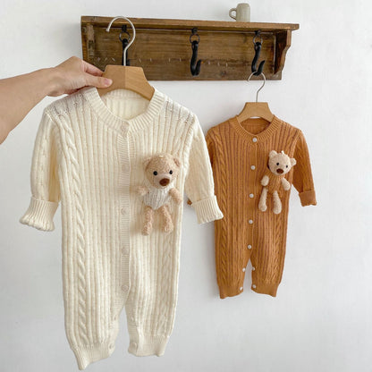 New Autumn Infant Baby Unisex Solid Knit Sweaters Long Sleeve Romper Include Little Bear-0