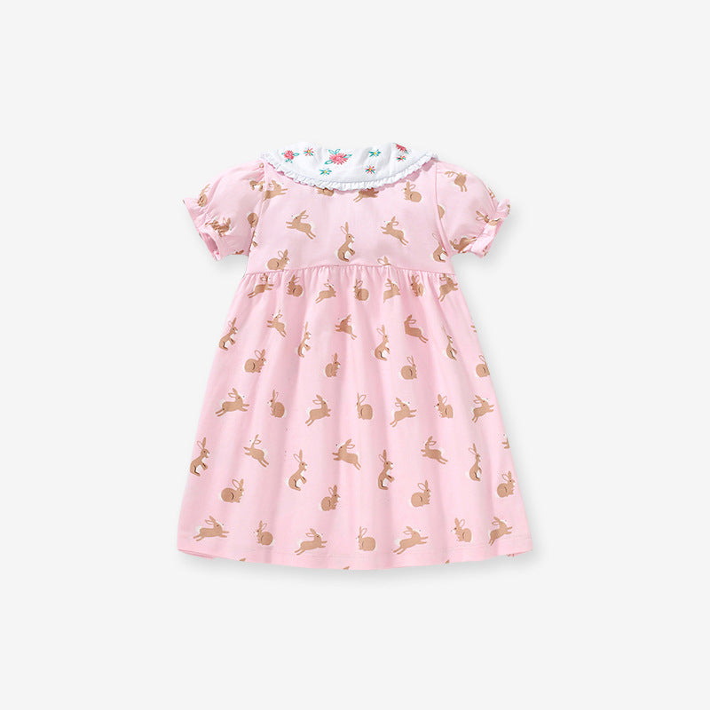 Baby Girls Peter Pan Floral Collar Short Sleeves Rabbits Pattern Dress-1