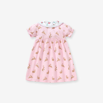 Baby Girls Peter Pan Floral Collar Short Sleeves Rabbits Pattern Dress-1