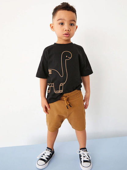 Baby And Kids Boys Dinosaur Cartoon Short Sleeves Top And Shorts Casual Clothing Set-1