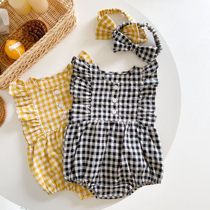 Baby Girl Sleeveless Grid Round Collar Onesies-0