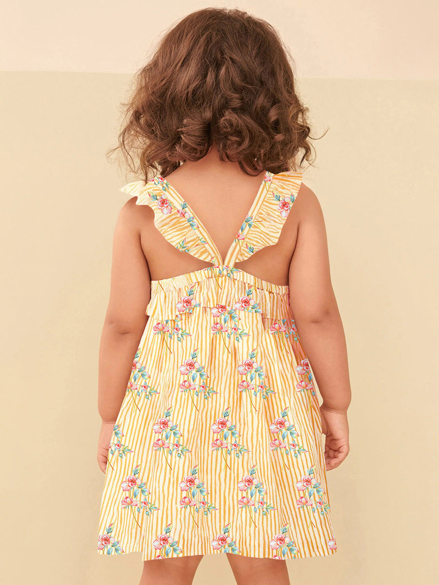 New Design Summer Girls Sleeveless Flowers Print Yellow Striped Strap Dress-4