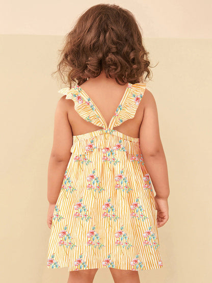 New Design Summer Girls Sleeveless Flowers Print Yellow Striped Strap Dress-4