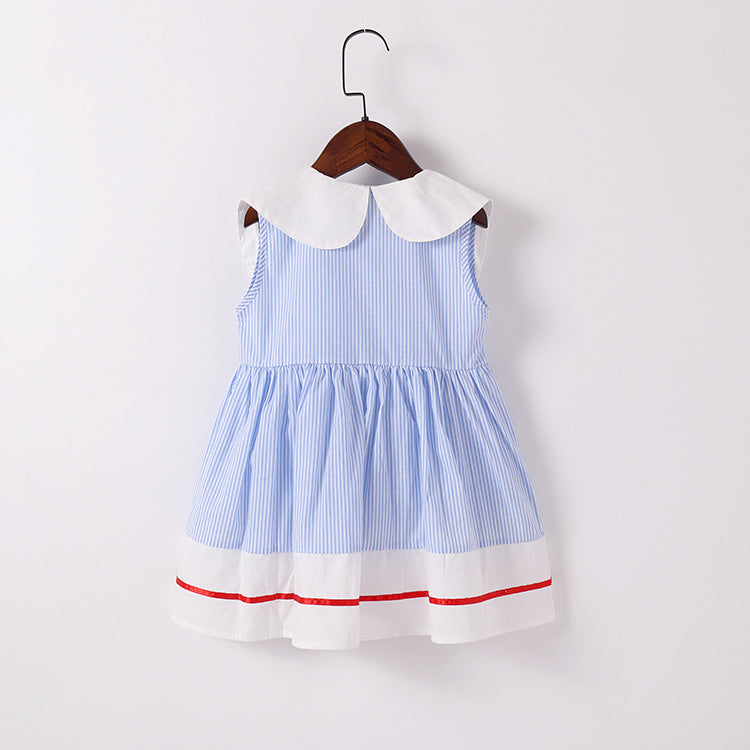 Baby Girl Cherry Embroidery Pattern Color Blocking Lapel Design Sleeveless Dress-1