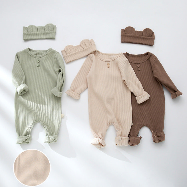 Baby Solid Color Pit Strip Graphic Long Sleeves Soft Cotton Romper Jumpsuit With Headband-1