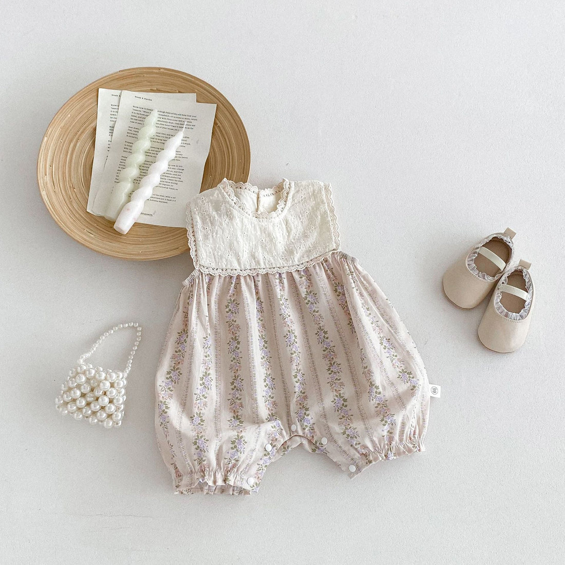 New Design Summer Baby Kids Girls Floral Pattern Ruffle Lace Neck Sleeveless Patchwork Romper-0