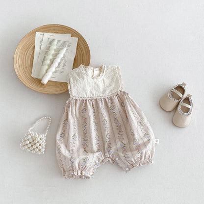 New Design Summer Baby Kids Girls Floral Pattern Ruffle Lace Neck Sleeveless Patchwork Romper-0