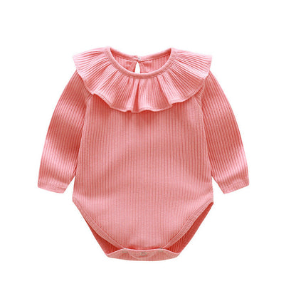 Baby Solid Color Ruffle &amp; Buttoned Design Long-Sleeved O-Neck Onesies-1