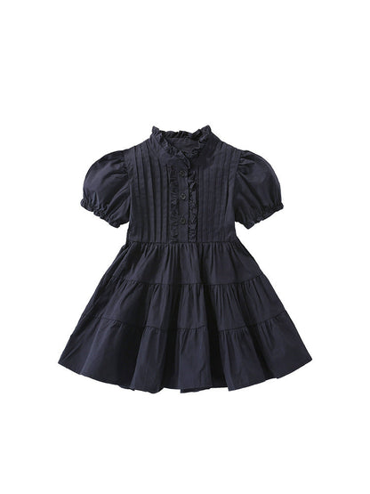 Baby Girls Kids Solid Color Short Sleeve Ruffle Crew Neck Dress-0