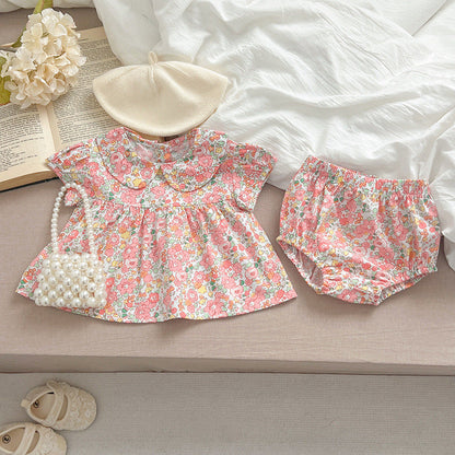 Summer Baby Kids Girls Floral Print Short Sleeves Top And Bloomers-3