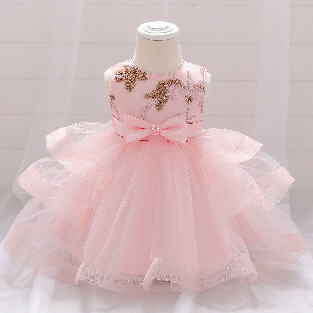 Baby Girl Sequins Patched Design Sleeveless Tutu Style Baptism Birthday Dress-0