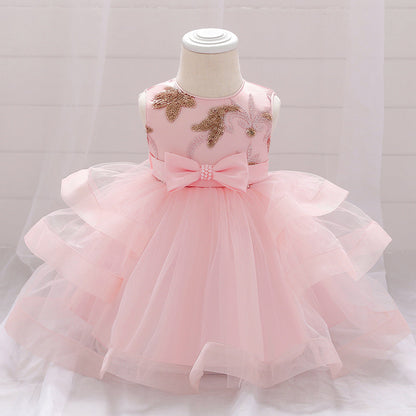 Baby Girl Sequins Patched Design Sleeveless Tutu Style Baptism Birthday Dress-0