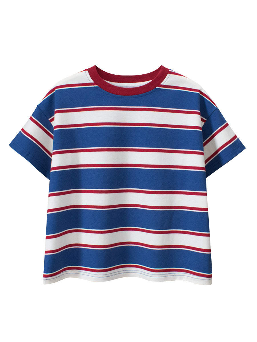 Summer New Arrival Children Boys And Girls’ Vintage Striped Loose Short Sleeves T-Shirt In European And American Style For Summer-1