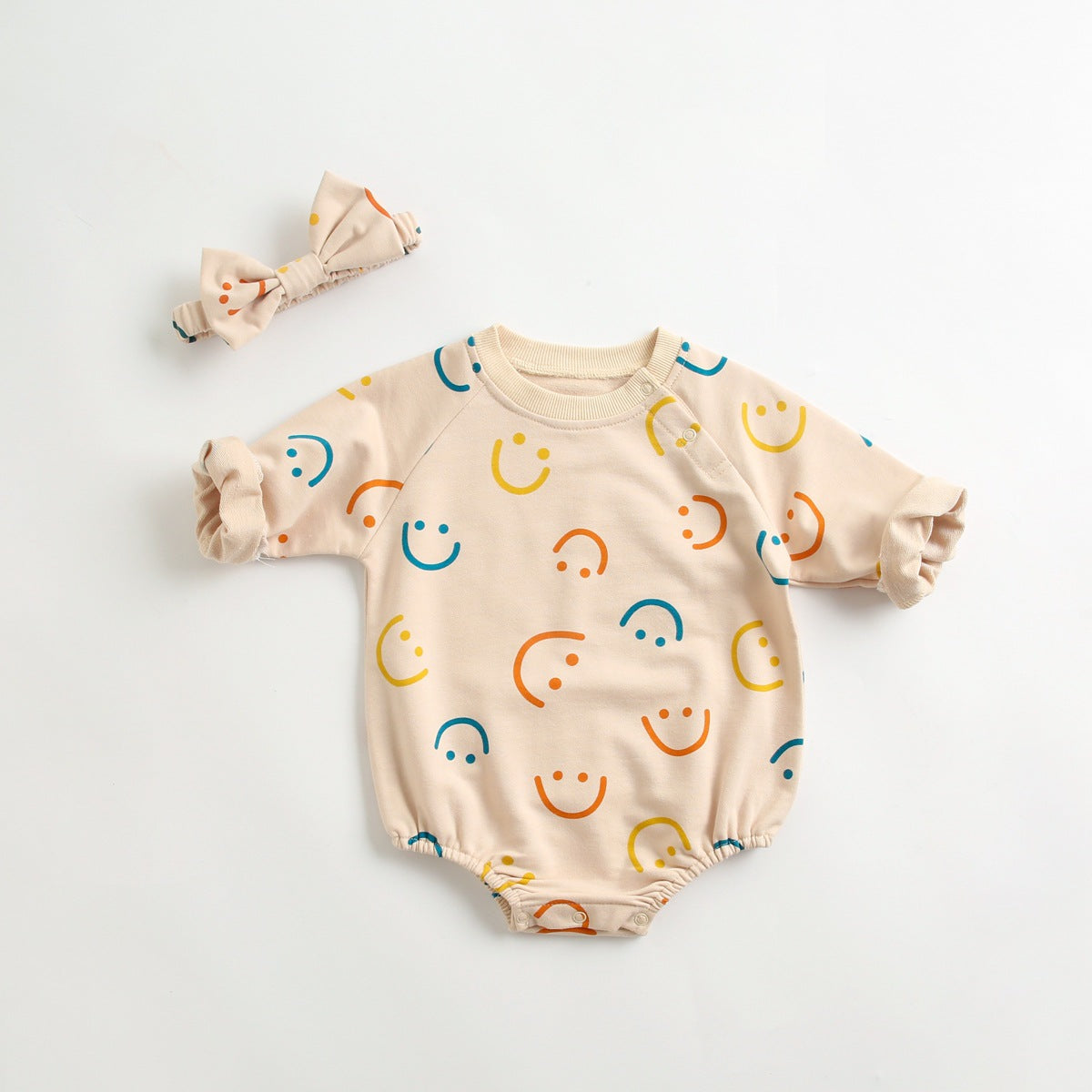 Baby Girl Smiley Print Pattern Long-Sleeve Design Round Collar Onesies-1