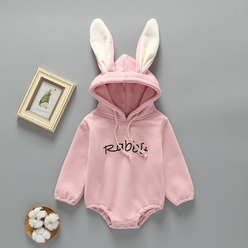 Baby Girl Print Pattern Rabbit Ear Design Long Sleeved Thickened Onesies-1