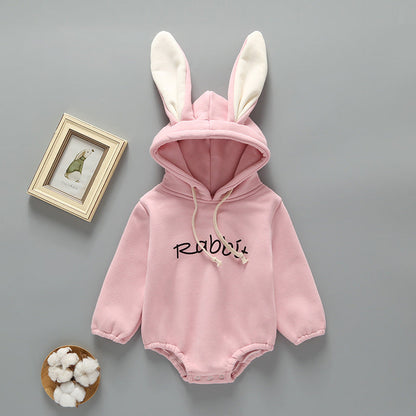 Baby Girl Print Pattern Rabbit Ear Design Long Sleeved Thickened Onesies-1