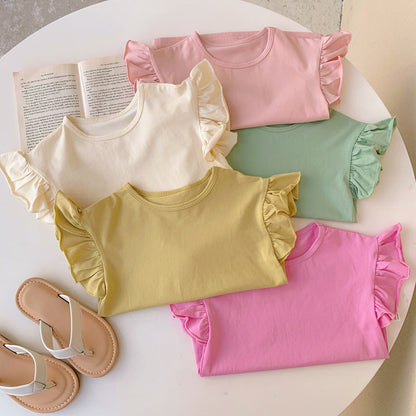 Summer New Arrival Girls Crew Neck Solid Color Fly Sleeves Top T-Shirt-0