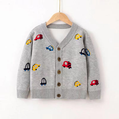 Kid Boys Car Pattern V-Collar Cardigan-1