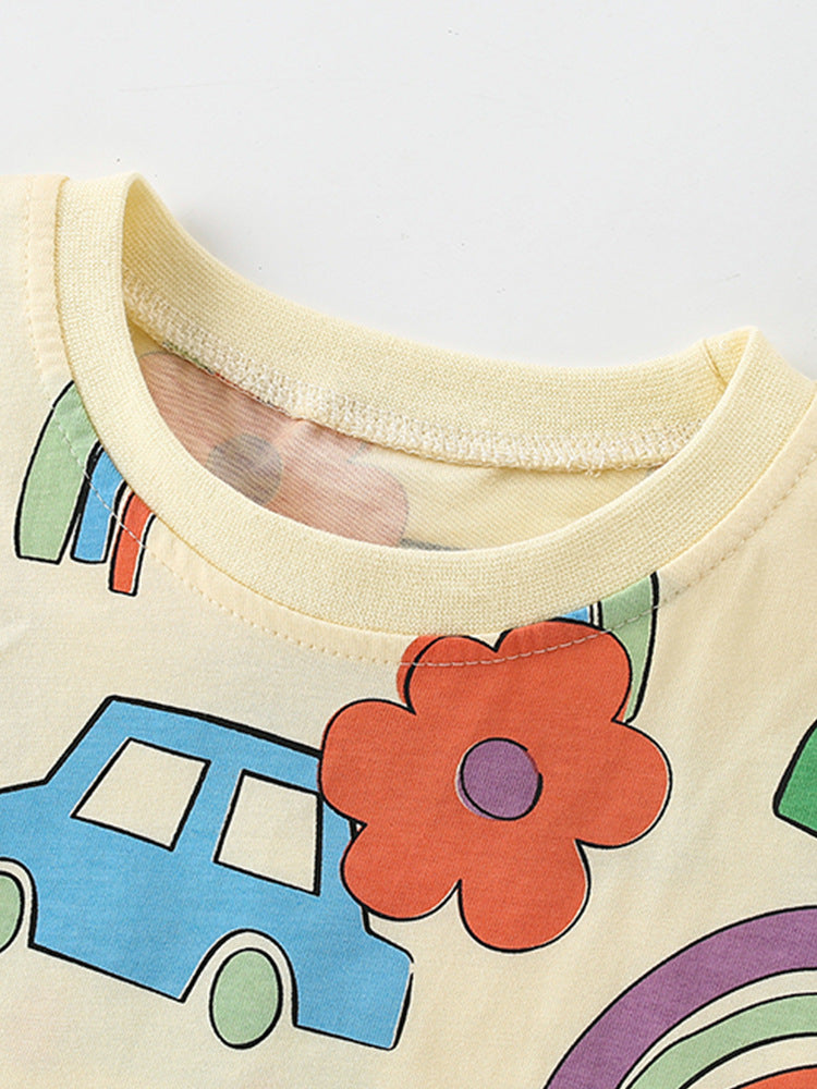 Boys’ Cartoon Rainbow Cars Pattern Short Sleeves T-Shirt In European And American Style For Summer-2