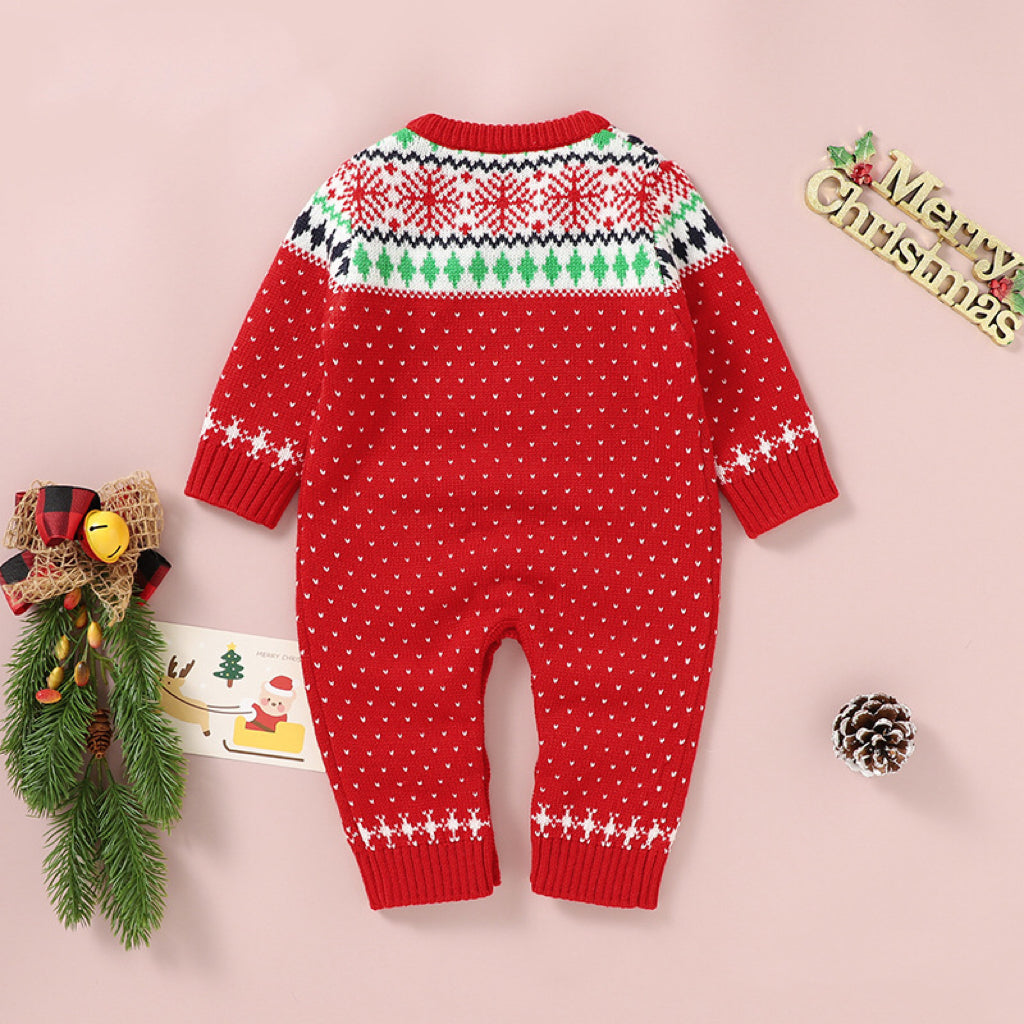 Baby Dinosaur And Dot Print Pattern Christmas Style Knit Warm Romper-1