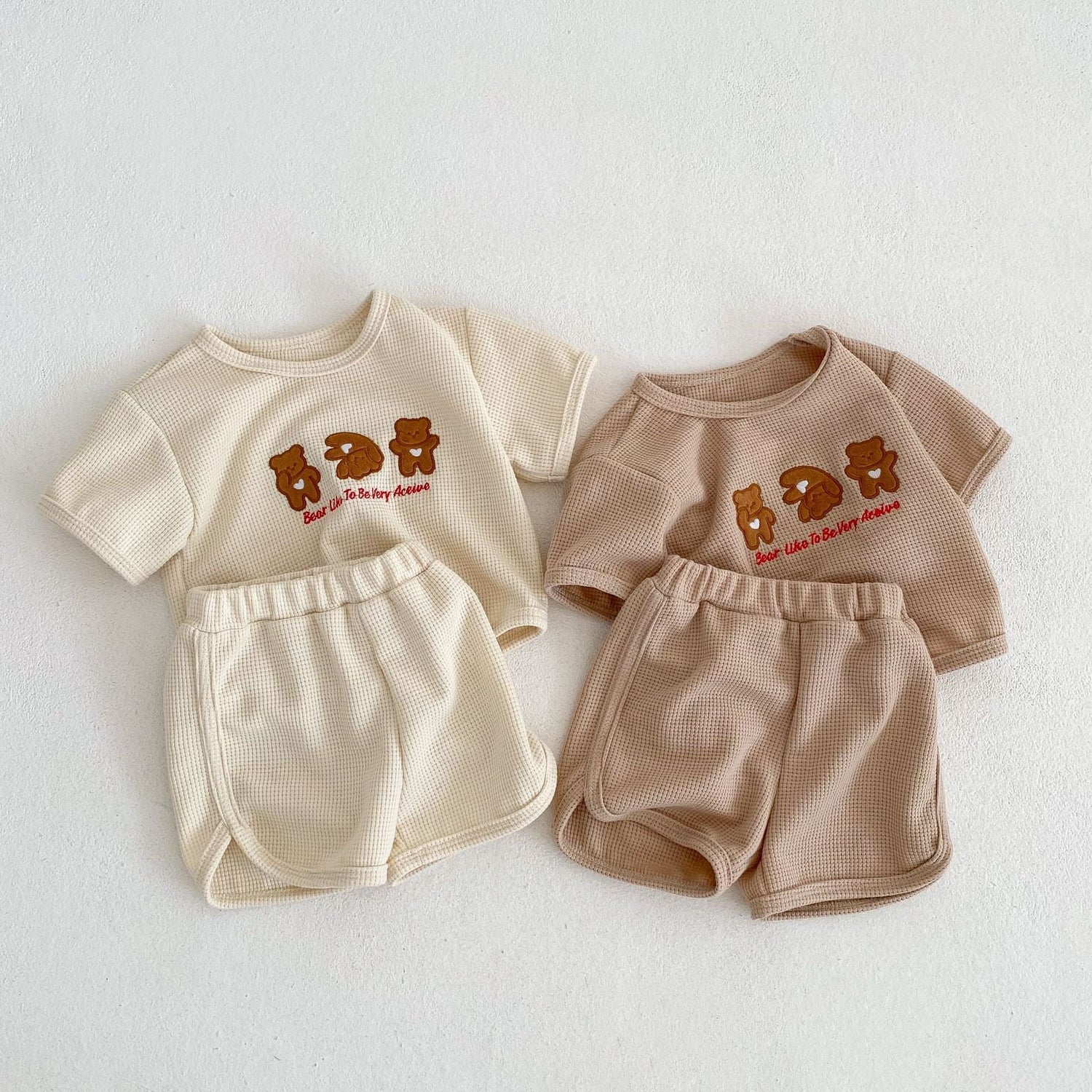 Baby Bear Embroidered Pattern Waffle Fabric T-Shirt Combo Shorts Sets-1