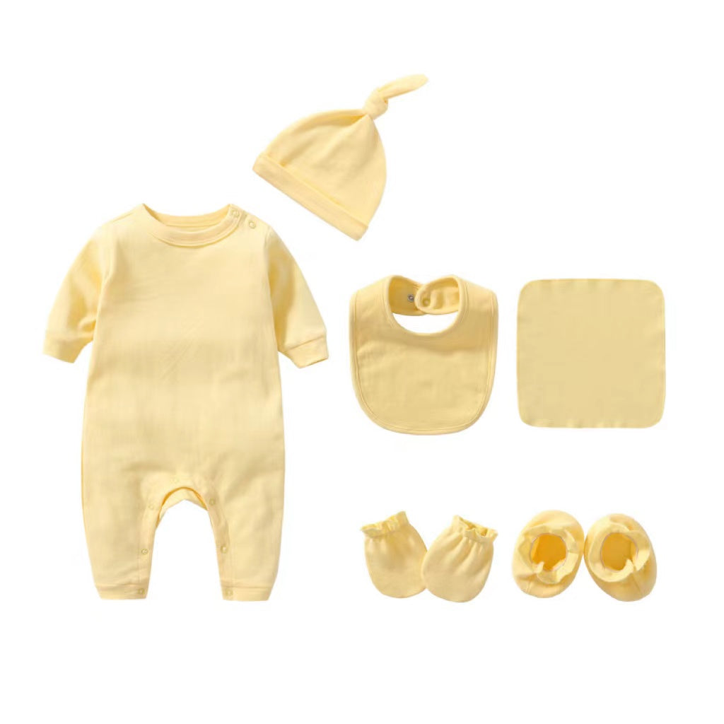 Newborn Solid Color Romper Hat, Bib, Gloves, Footwear, Square Scarf Sets-0