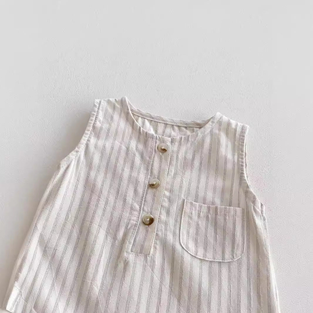 New Design Summer Baby Kids Unisex Plain Simple Striped Pattern Crew Neck Sleeveless Romper-1