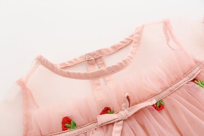 Baby Girl Strawberries Embroidered Mesh Overlay Design Bow Tie Patched Hundred Dress-1