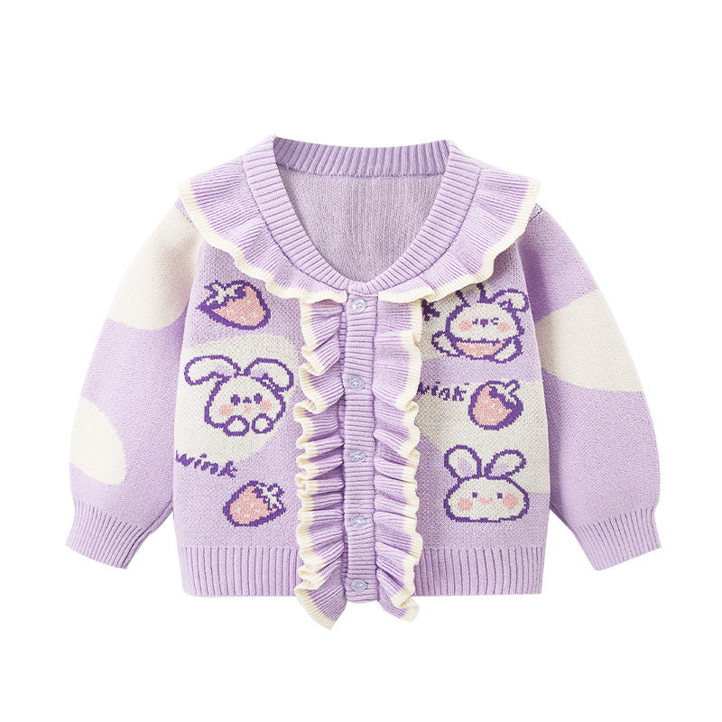 Baby Girl Flower Graphic Mesh Design V-Neck Knit Cardigan-0