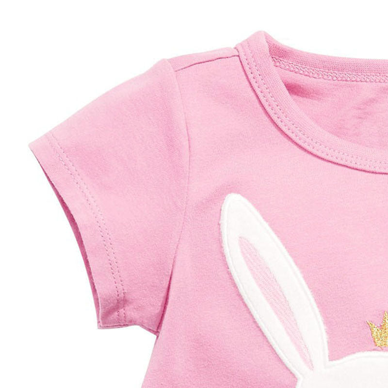 Baby Girl Rabbit Cartoon Pink Short Sleeve O-Neck Cotton Summer T-Shirt-1