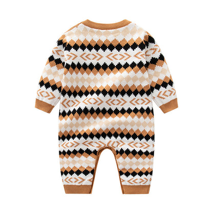 Baby Geometric Embroidered Pattern Long Sleeve Knitted Romper Jumpsuit-1