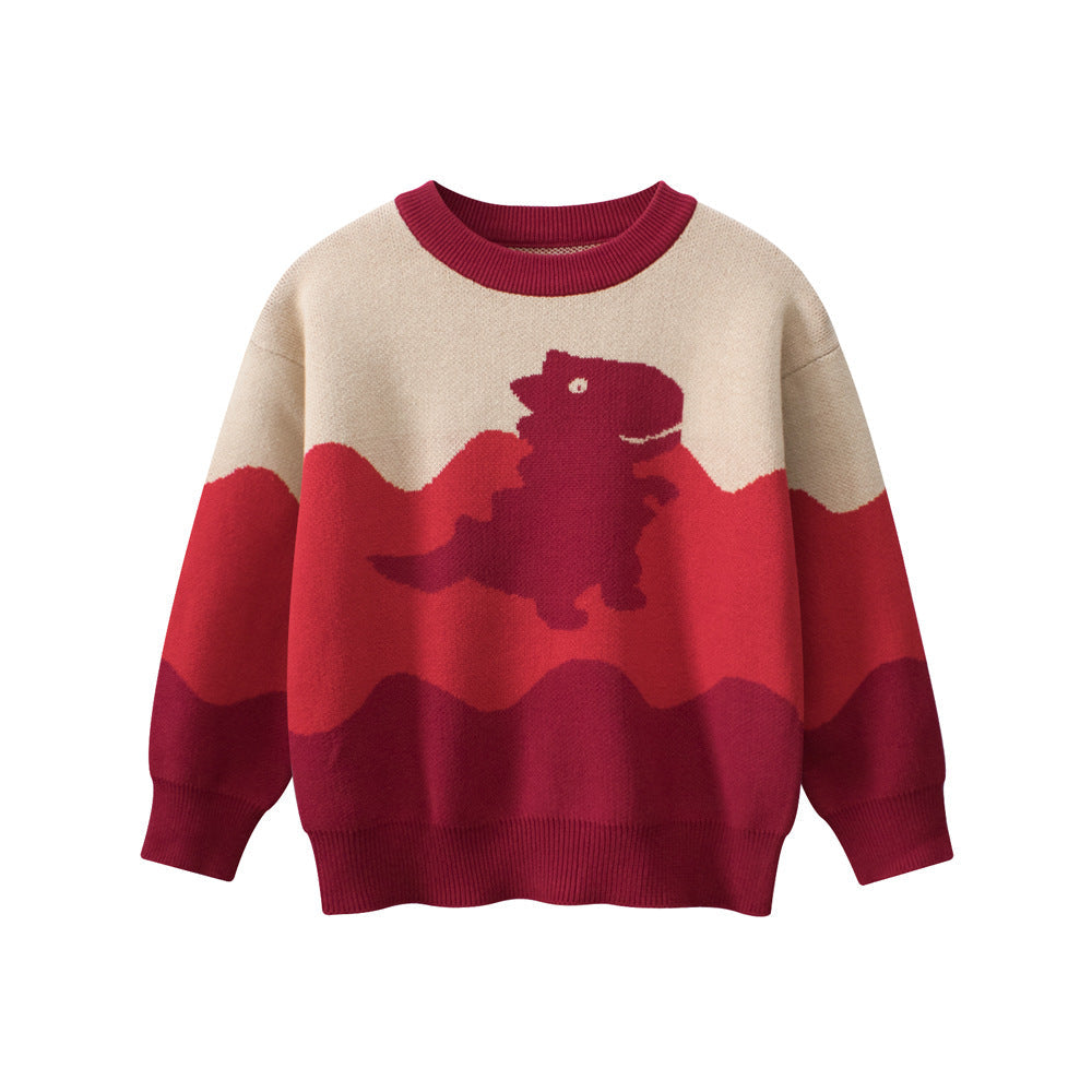 Baby Boy Kids Dinosaur Pattern Crew Neck Long Sleeves Color Patchwork Knitwear Pullover-1