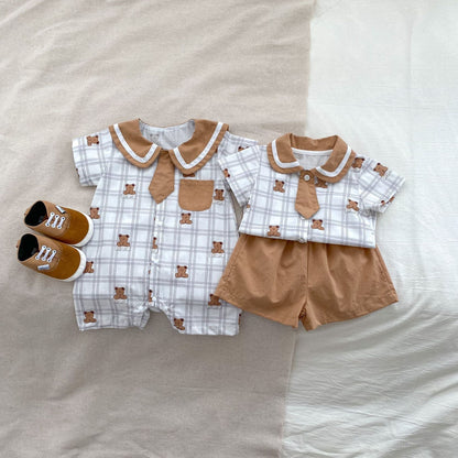 Summer Baby Teddy Pattern Plaid Short-Sleeved Romper And Clothing Sets For Boys – Brother Matching Set-1