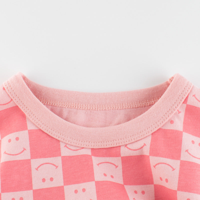 Baby Girl Plaid Pattern Smiley Print O-Neck T-Shirt In Summer-1