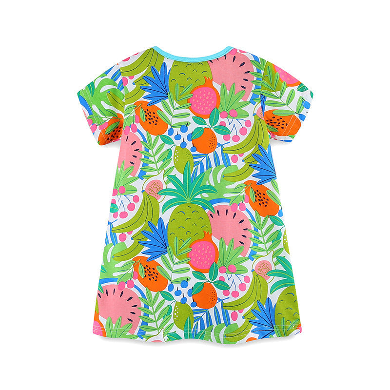 Summer New Arrival Girls’ Tropical Fruits Pattern Print Short Sleeves Dress-1