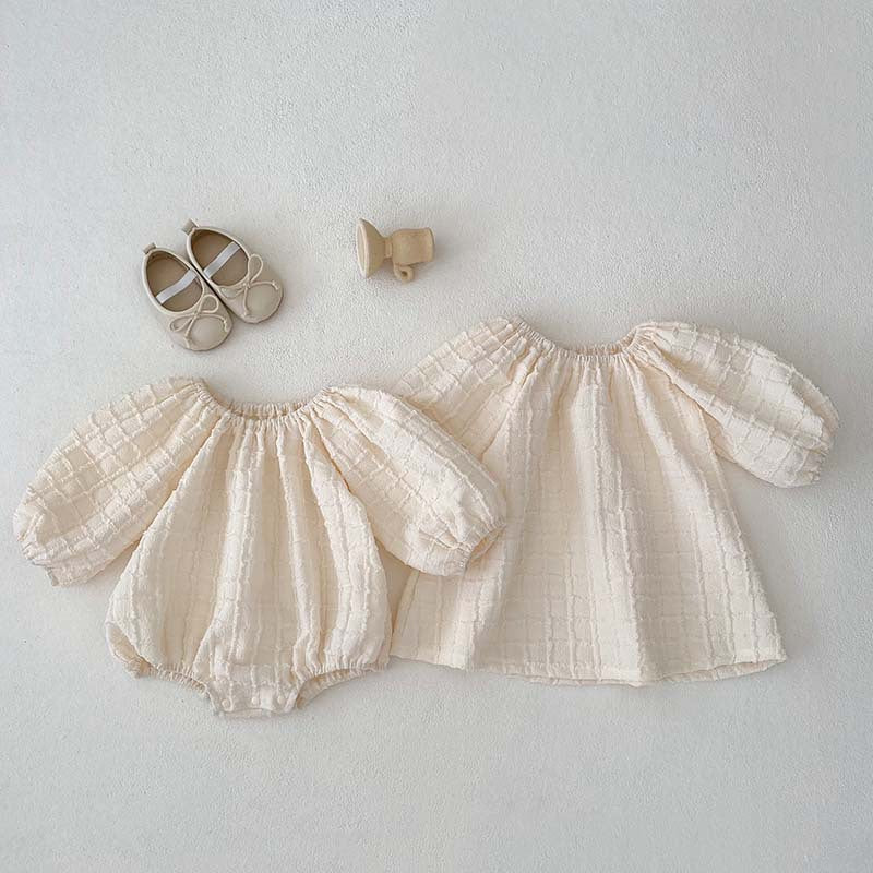 New Design Autumn Baby Kids Girls Solid Color Simple Plaid Pattern Dress And Onesies Clothing Set-0