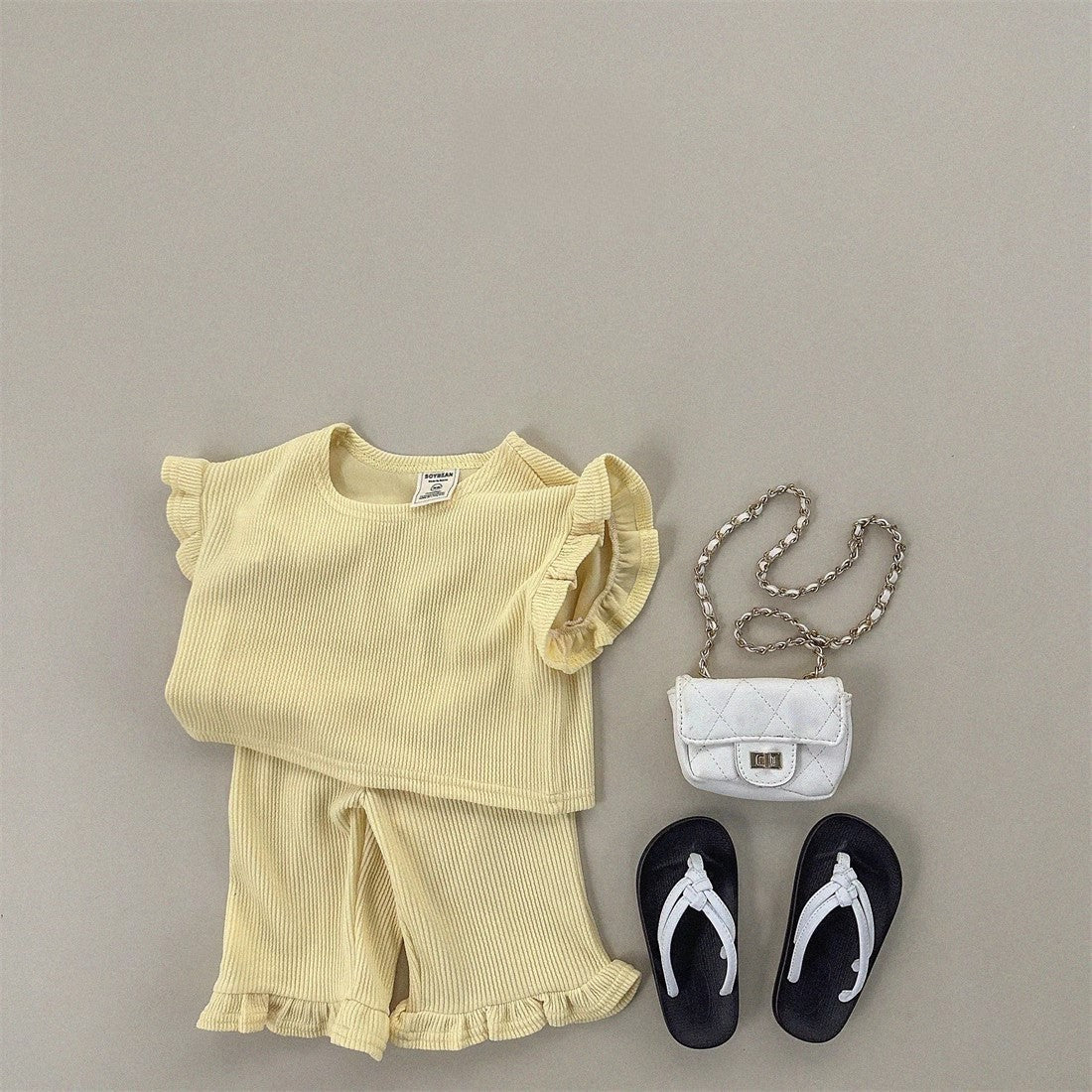 Summer Baby Kids Girls Solid Color Simple Casual Fly Sleeves T-Shirt And Pants Clothing Set-1