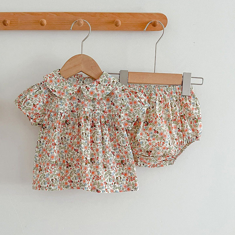 Summer Hot Selling Baby Girls Short Sleeves Floral Design Top Shirt And Bloomers Clothing Set-0