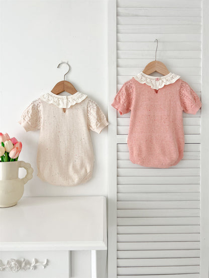 New Arrival Summer Baby Kids Girls Knitted Ruffled Collar Hollow Out Short Sleeves Onesies-3