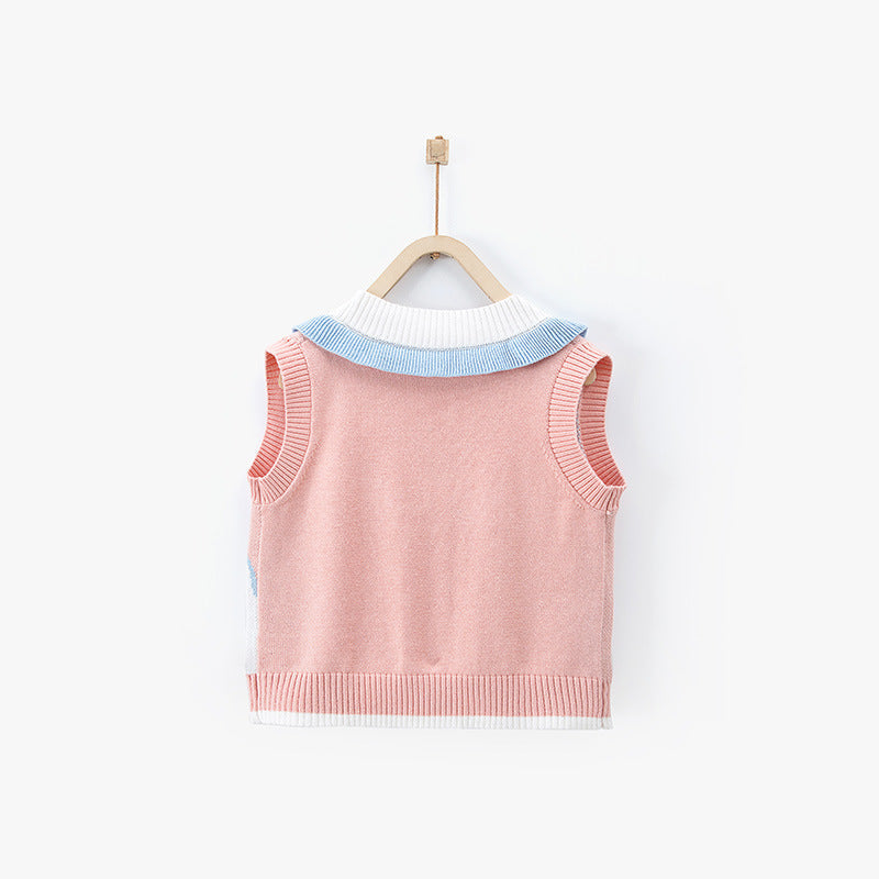 New Arrival Baby Kids Girls Cartoon Rabbit Pattern V-Neck Design Knitwear Pink Soft Vest-2