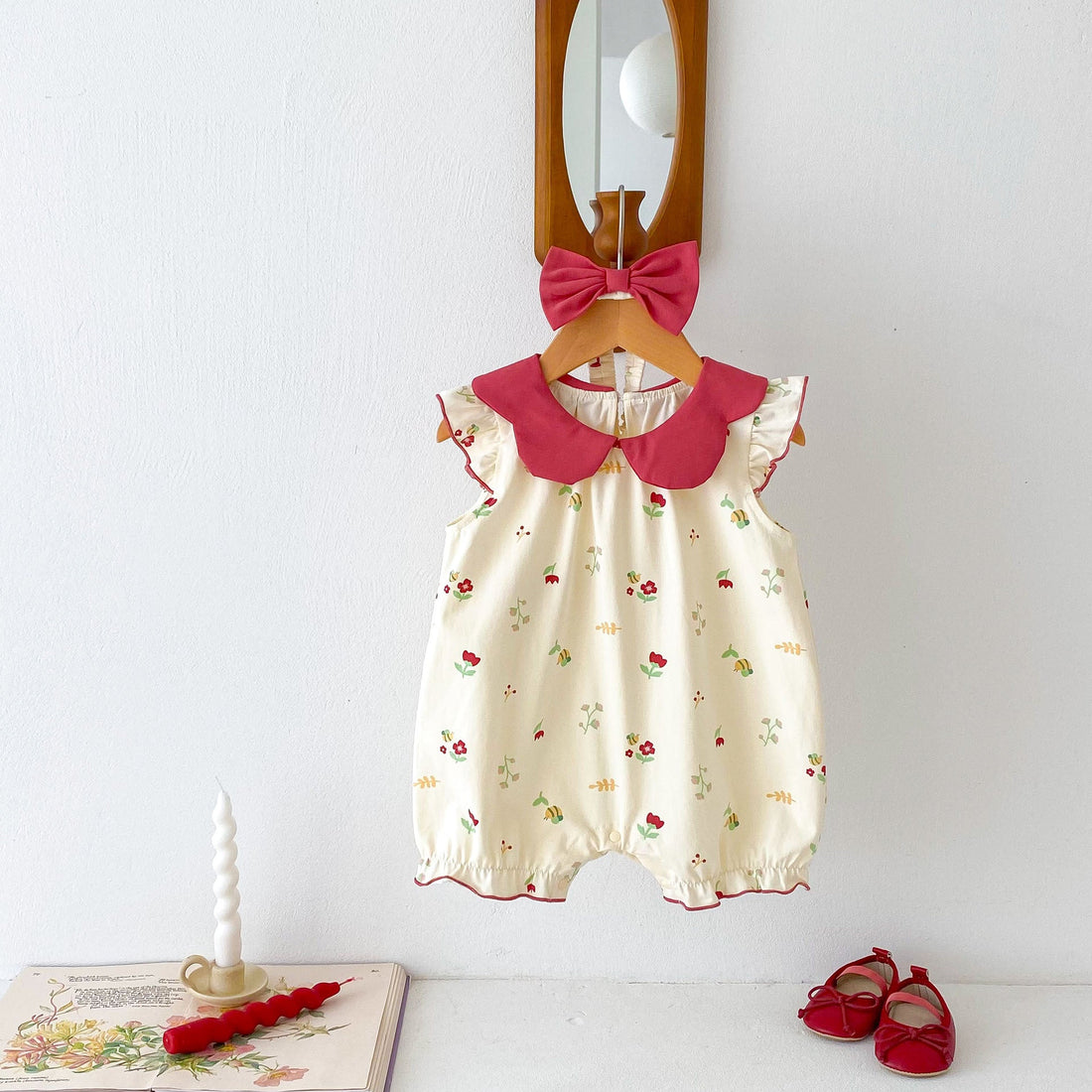 Hot Selling Summer Baby Kids Girls Floral Pattern Sleeveless Red Collar Romper-0