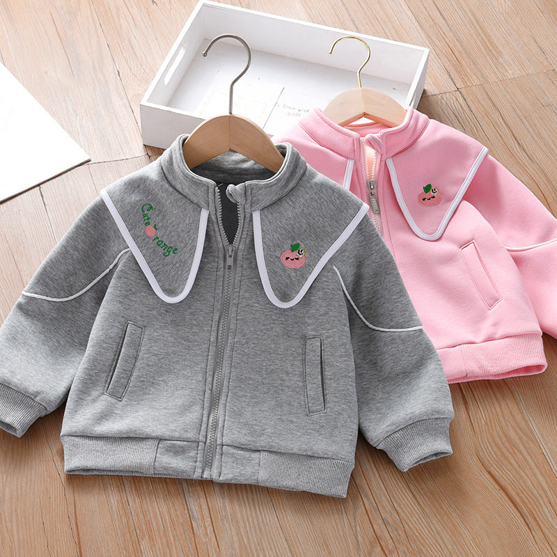 Baby Girl Embroidered Lapel Design Solid Color Quality Coat-0