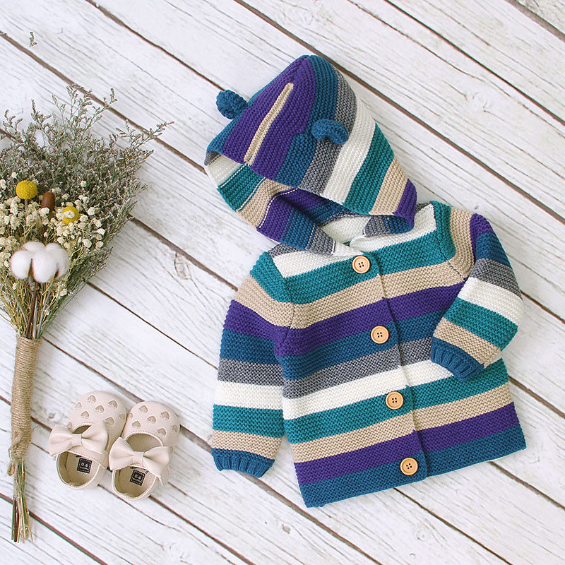 Baby Colorful Striped Pattern Button Front Knitted Cardigan With Hat-0