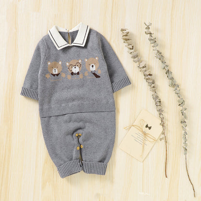 Baby Cartoon Bear Pattern Lapel Design Knitted Romper-1